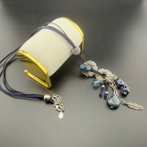 JS Blue Suede Cord Boho Lariat Necklace Silver Tone Feather Mixed Bead Statement